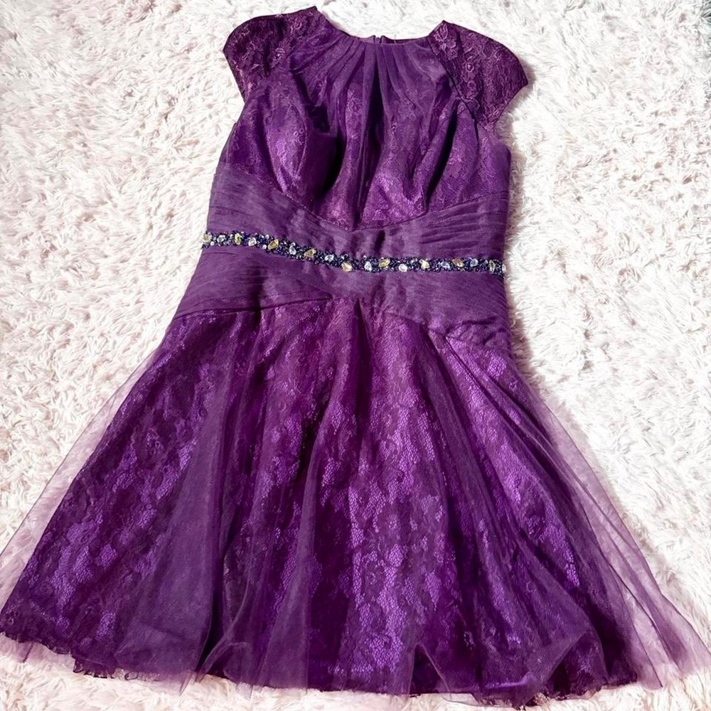 Regal Purple Beaded Cap Sleeve Formal Drop Waist Dress Womens M Romantic Floral